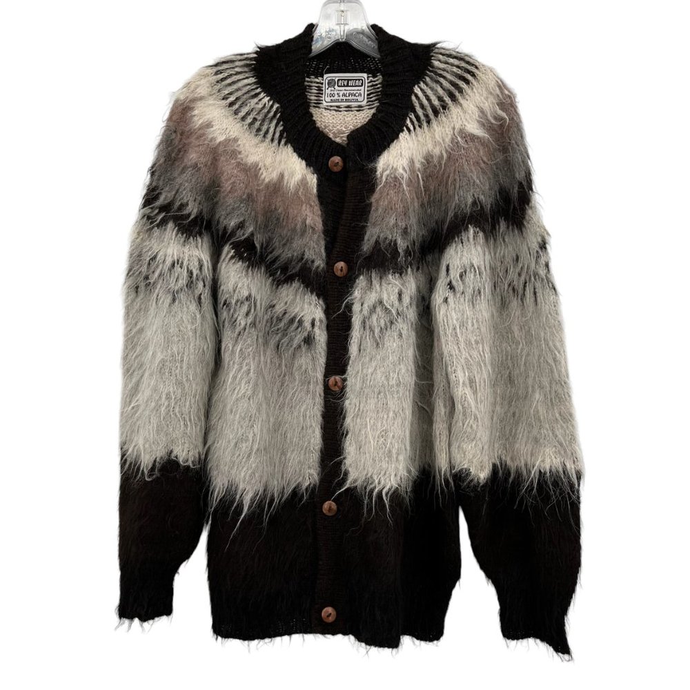 Rey Wear 100% Alpaca Cardigan Handknit Button Up Brown, Grey and Cream XXL  2X